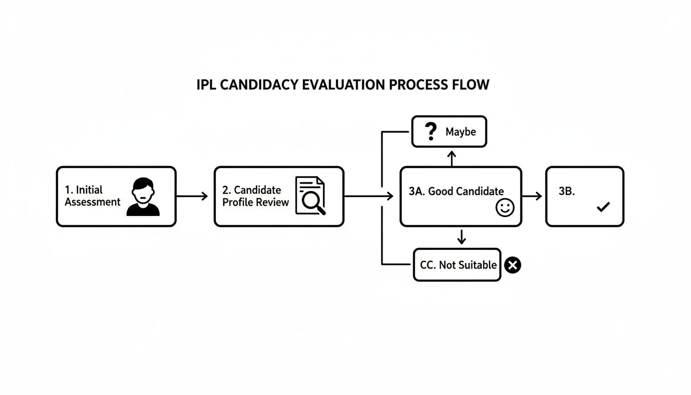 Flowchart illustrating the IPL candidacy evaluation process, from initial assessment to final decision.