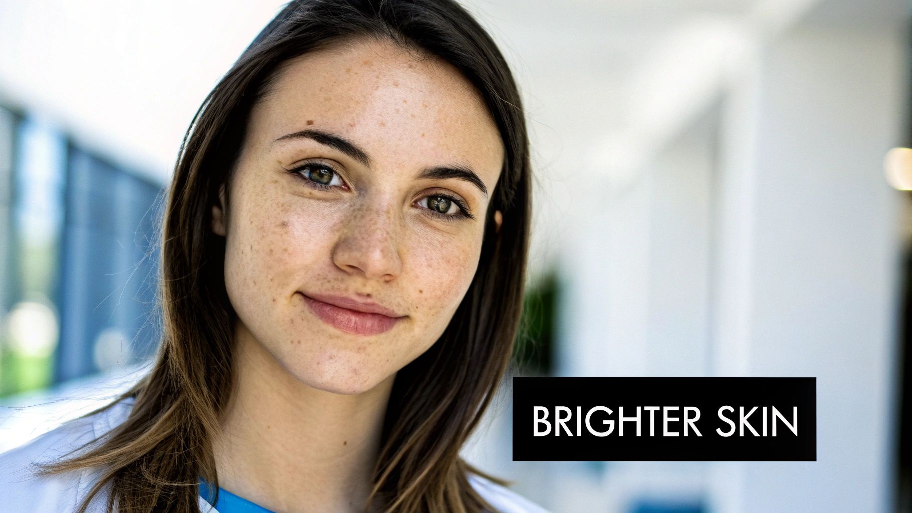 Close-up of a young woman with freckles and bright eyes, subtly smiling.