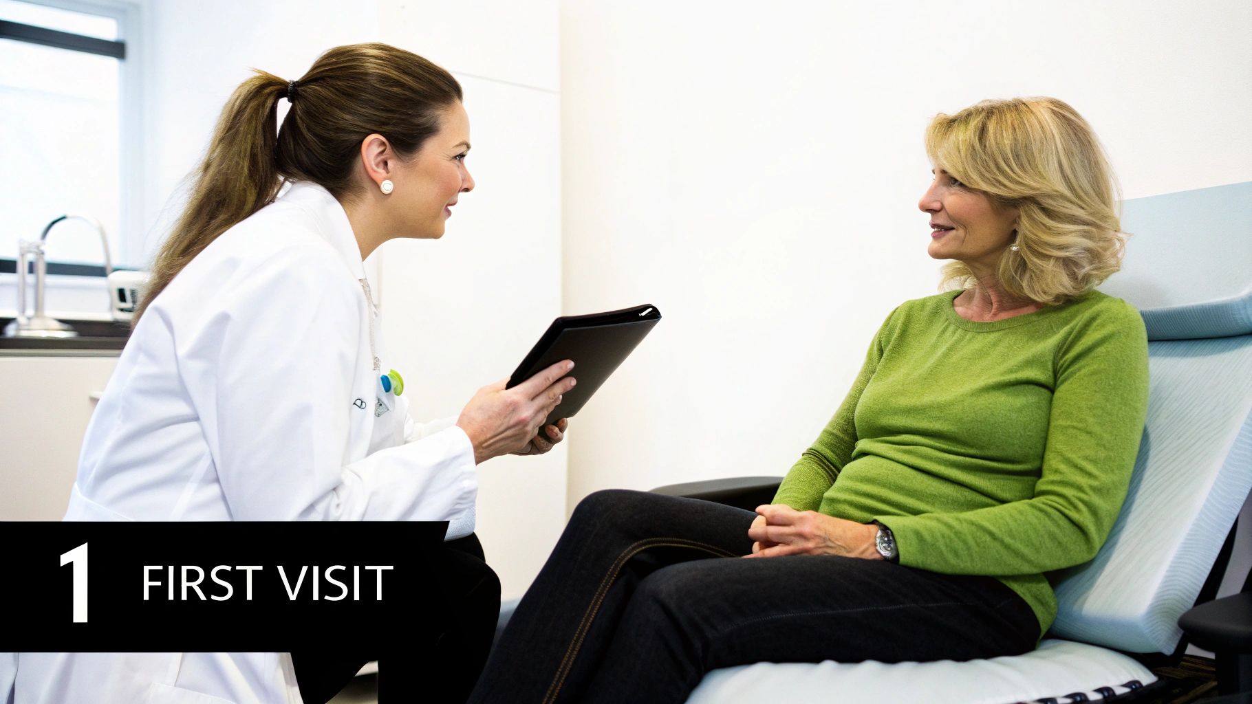 A doctor in a white coat consults with a female patient during her first visit to a clinic.