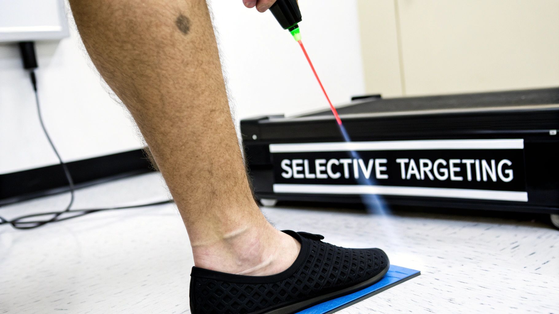 A close-up of a laser hair removal device being used on a person's skin, showing the precision of the technology.