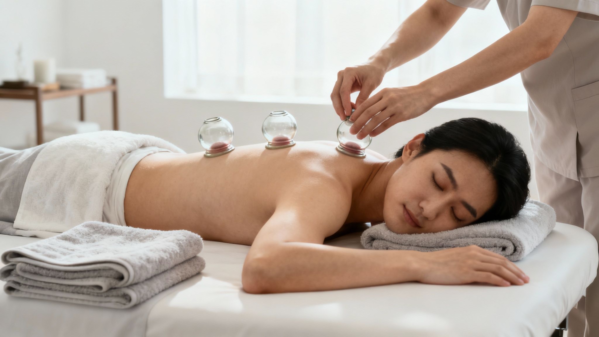 A practitioner applying a suction cup to a client&#39;s back during a cupping therapy treatment.