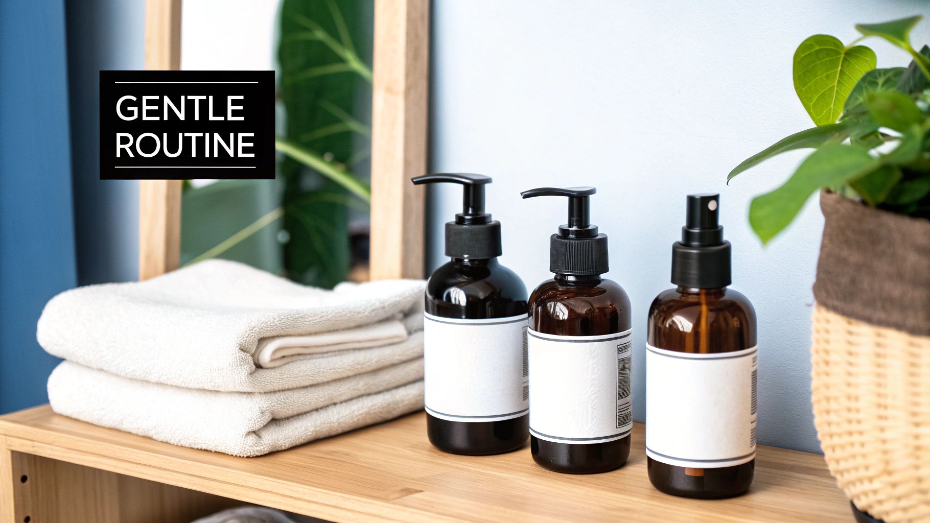 Three amber glass bottles and folded white towels on a wooden shelf with a green plant.