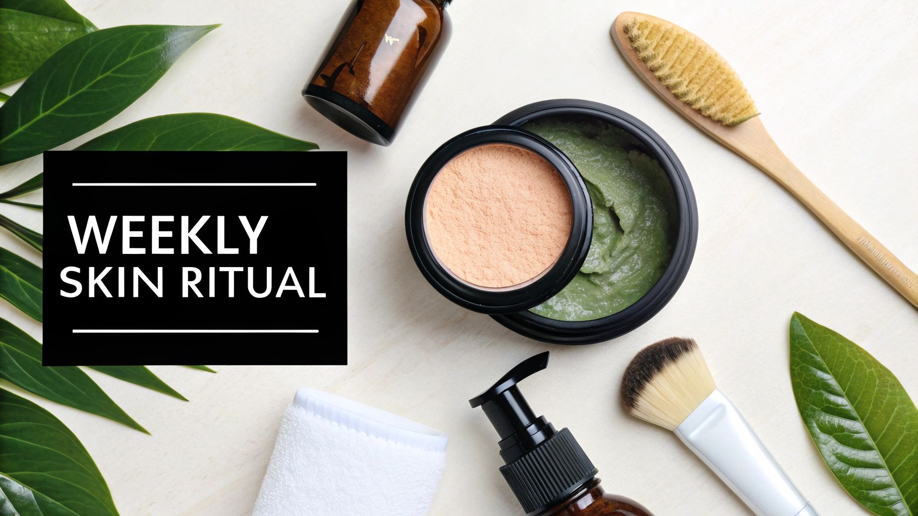 Flat lay of skincare products, including a green mask, powder, oils, dry brush, and green leaves.