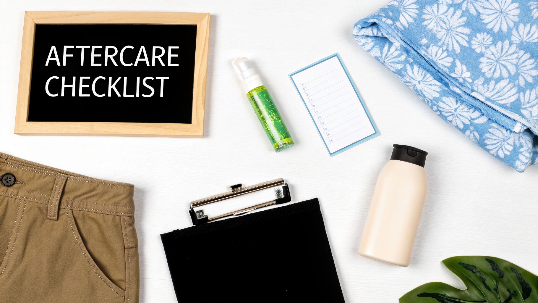Flat lay of an 'AFTERCARE CHECKLIST' blackboard, skincare products, blue towel, and shorts on a white table.
