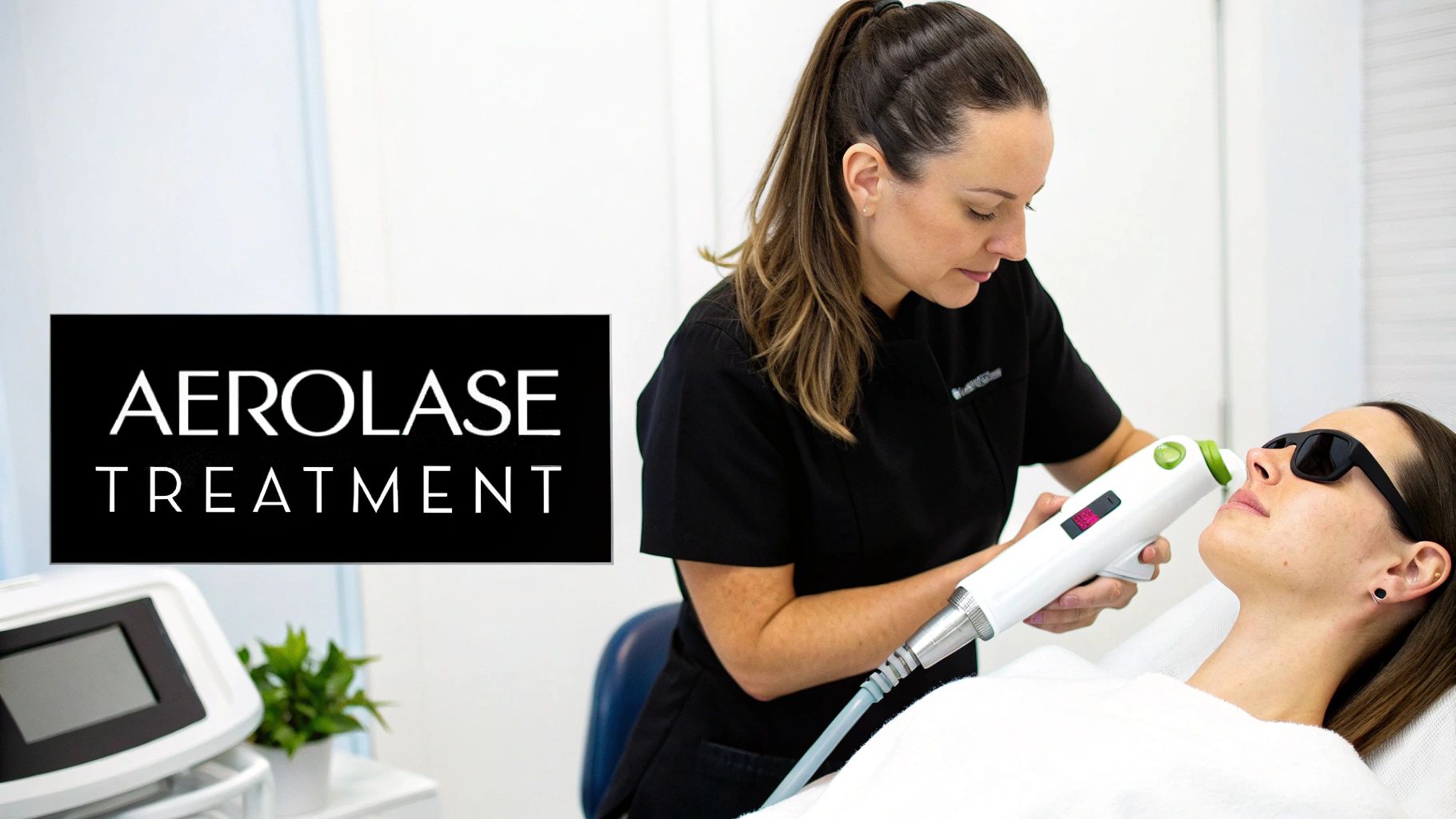 A woman receives an Aerolase laser facial treatment from a technician in a modern clinic.