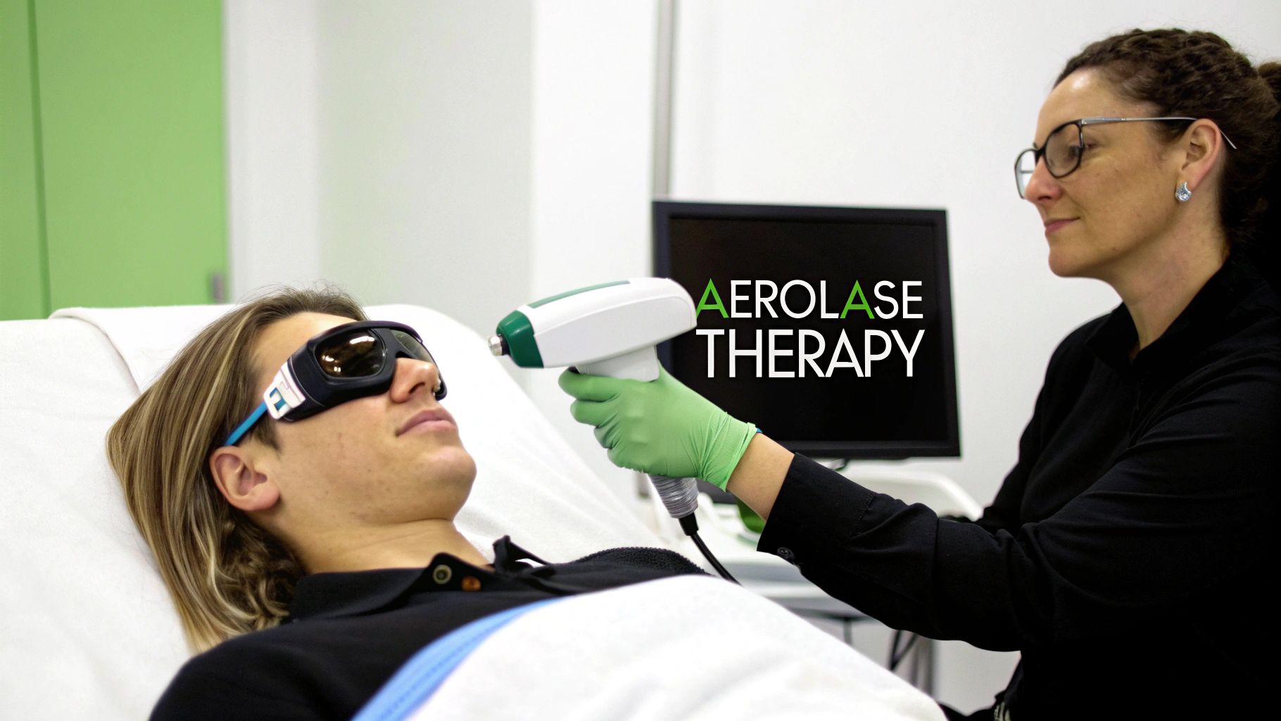 A professional performs Aerolase laser therapy on a patient wearing protective eyewear in a clinic.