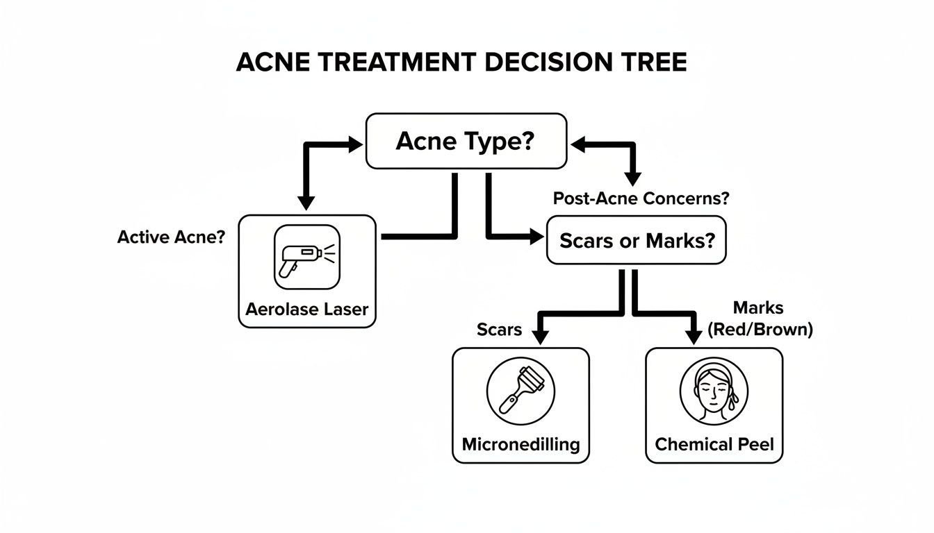 A decision tree illustrating acne treatment options for active acne, scars, and marks with laser, microneedling, and chemical peel.