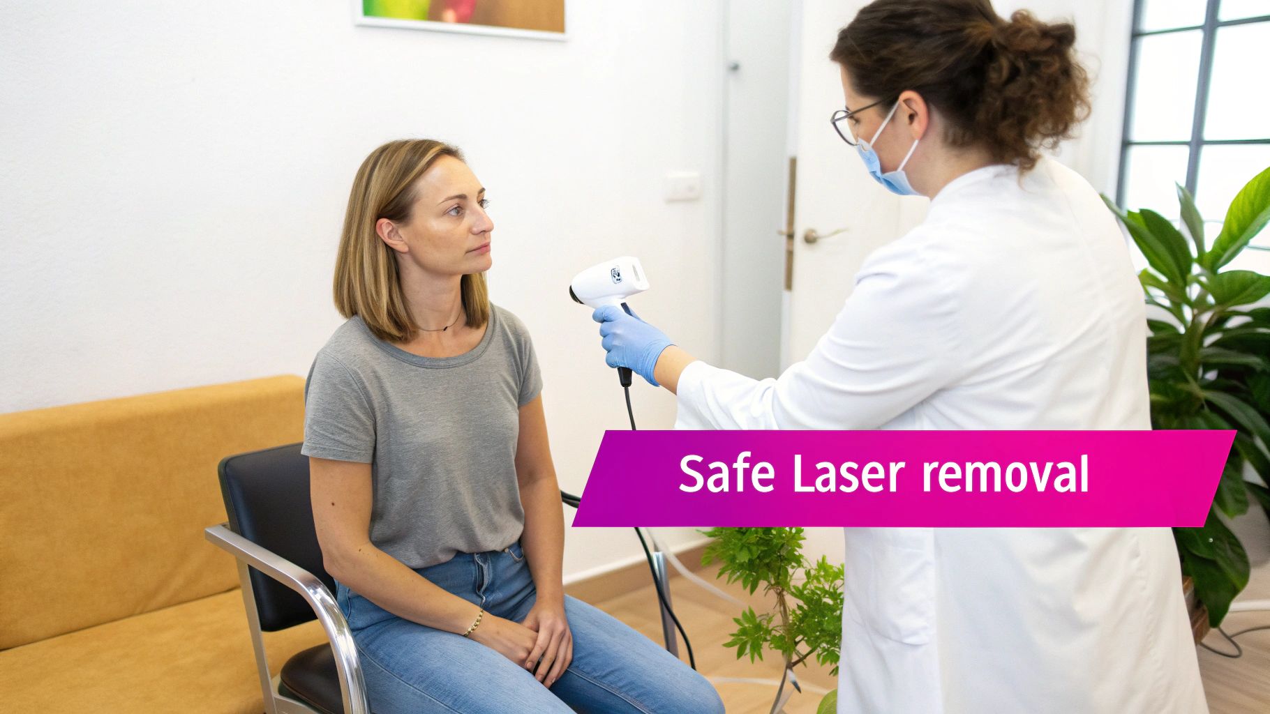 Woman's neck being treated with a laser for skin tag removal.