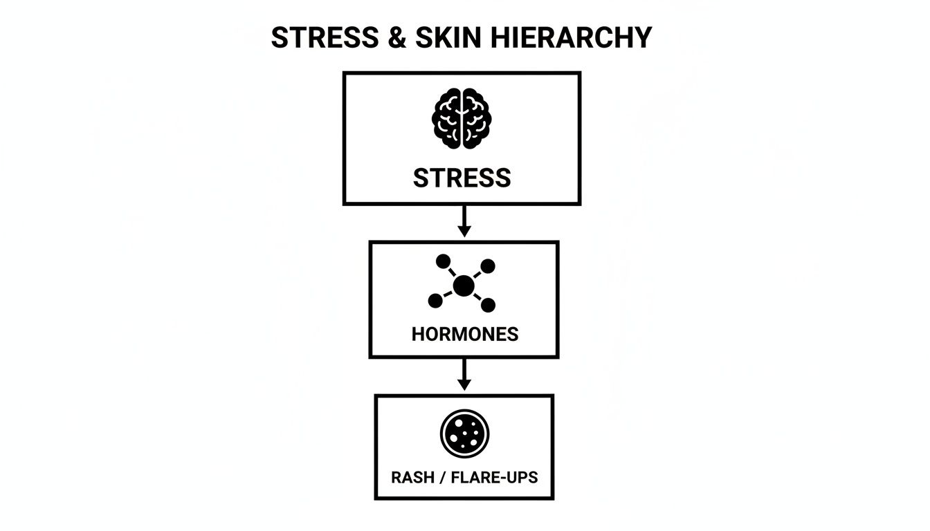 A hierarchy diagram showing stress, represented by a brain icon, leads to hormones, which then lead to rash or flare-ups on the skin.