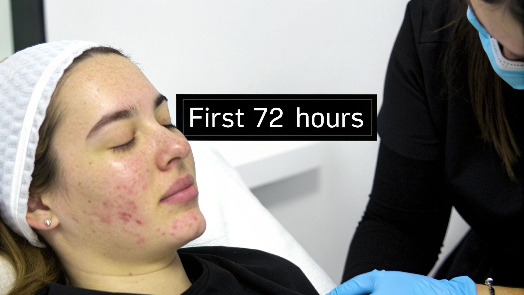 Woman&#39;s face showing signs of skin peeling and renewal after a cosmetic treatment.
