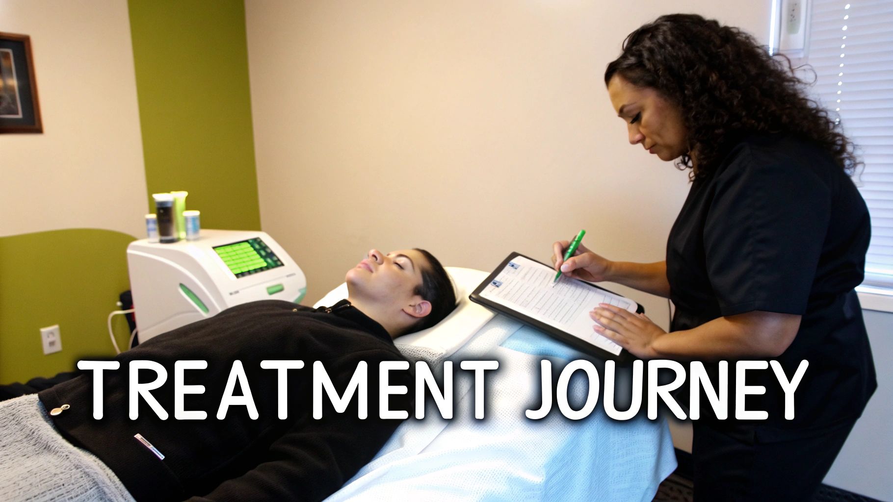 A client comfortably undergoing a laser hair removal treatment in a clean, professional clinic setting.