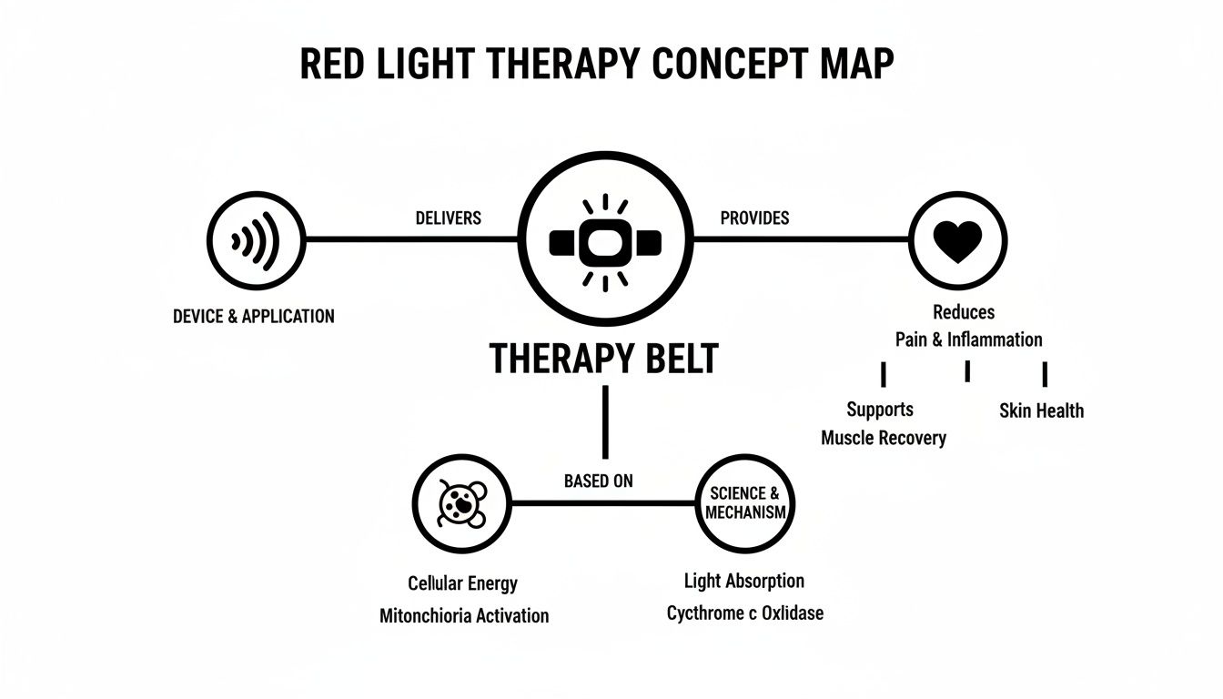 Red light therapy concept map detailing the therapy belt's application, benefits, and scientific basis.