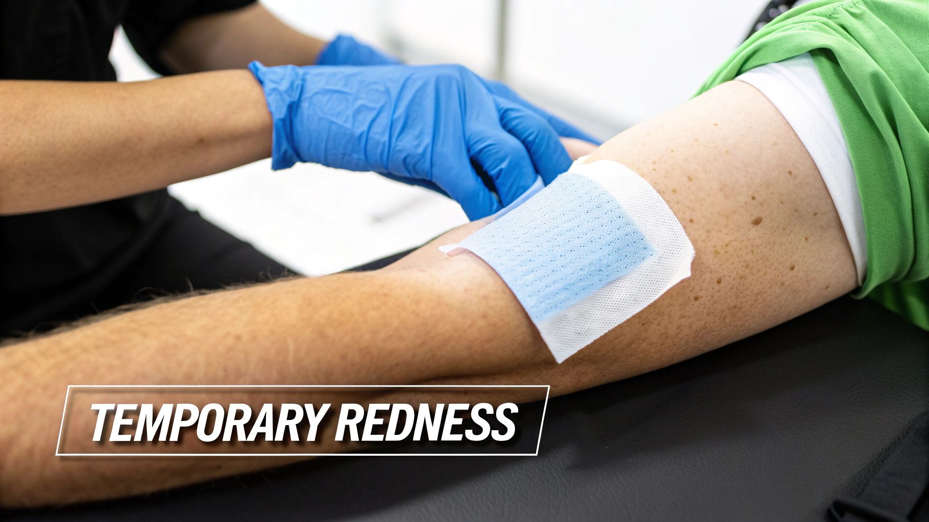 Gloved hands apply a soothing blue patch to an arm, suggesting post-treatment care for temporary redness.