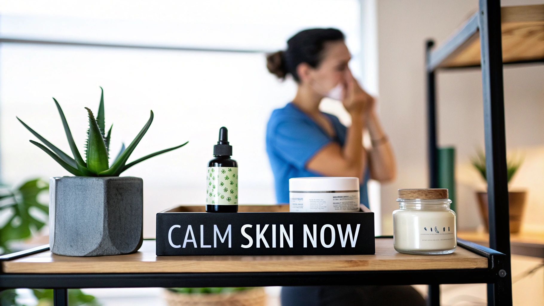 Skincare products, aloe plant, and 'CALM SKIN NOW' sign on a wooden shelf, with a person in background.