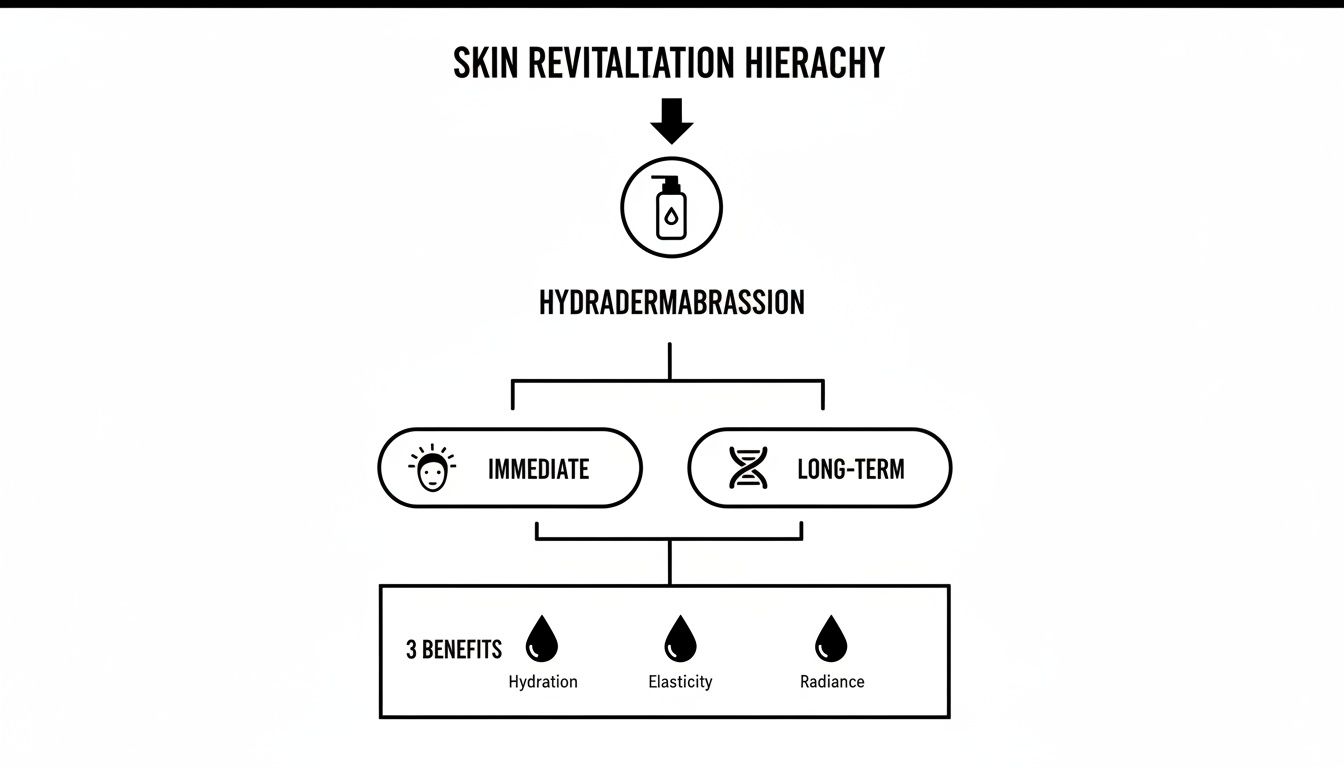 Diagram illustrating the skin revitalization hierarchy, detailing hydradermabrasion's immediate and long-term benefits: hydration, elasticity, and radiance.