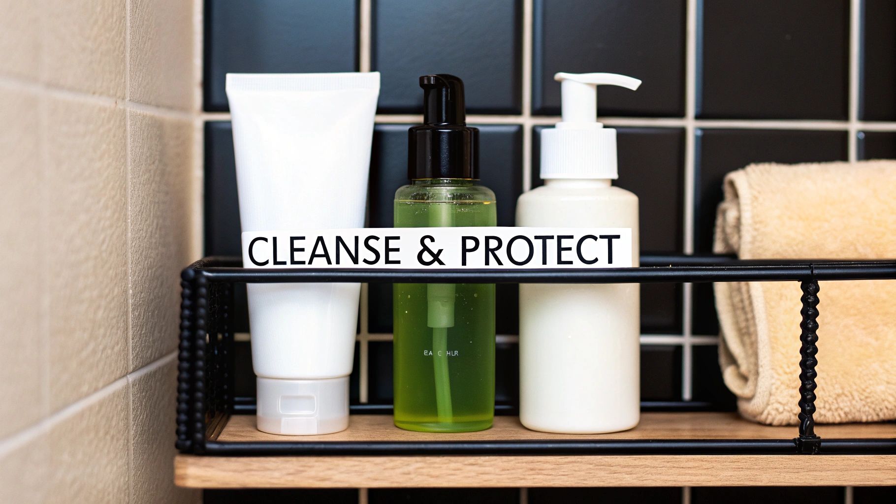 White tubes, a green liquid bottle, and a pump bottle on a shelf with a towel, displaying 'CLEANSE &amp; PROTECT'.