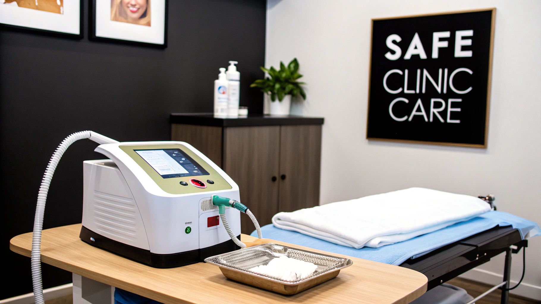 A modern laser medical device sits on a wooden table in a clean clinic room.
