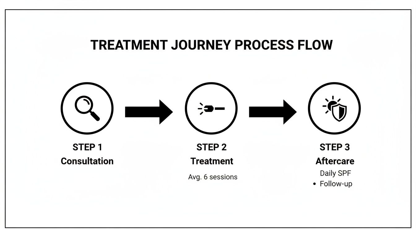 A process flow diagram illustrating a three-step treatment journey: Consultation, Treatment, and Aftercare.