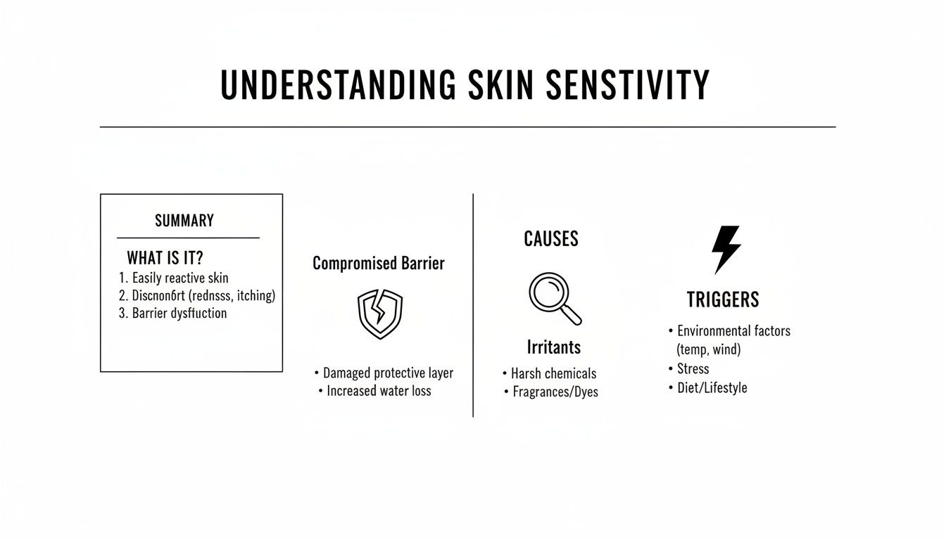 Diagram explaining skin sensitivity, its summary, compromised barrier, irritant causes, and environmental triggers.