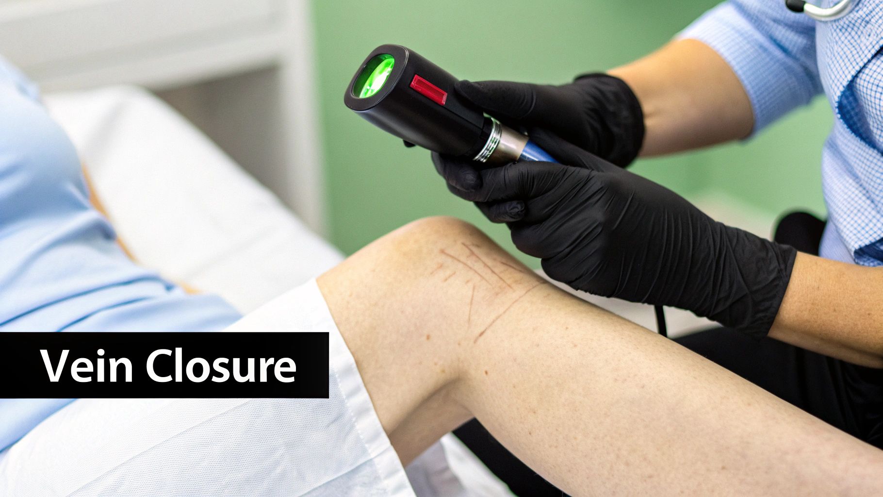 A medical professional uses a laser device on a patient's leg for vein closure treatment.