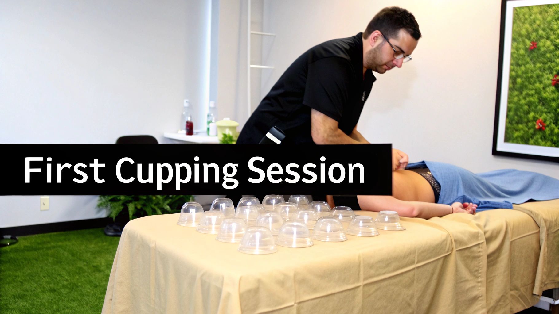 A male therapist performs a cupping session on a patient lying on a treatment bed.