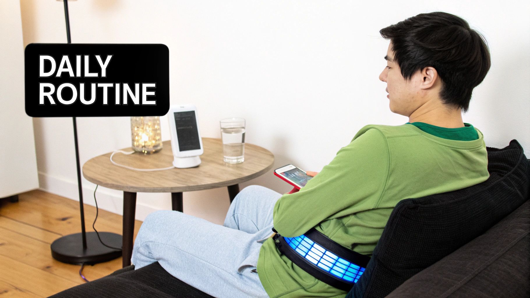 A man on a couch using his phone, wearing a blue light therapy belt as part of his daily routine.