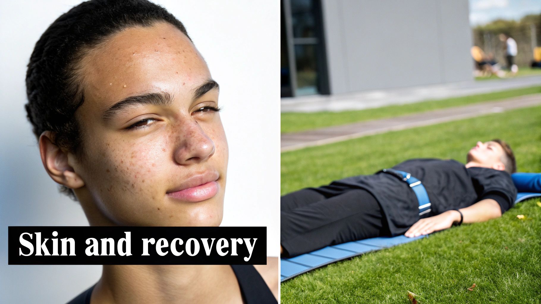 A person's face with freckles on the left, and another person resting on a yoga mat outdoors on the right, with text 'Skin and recovery'.