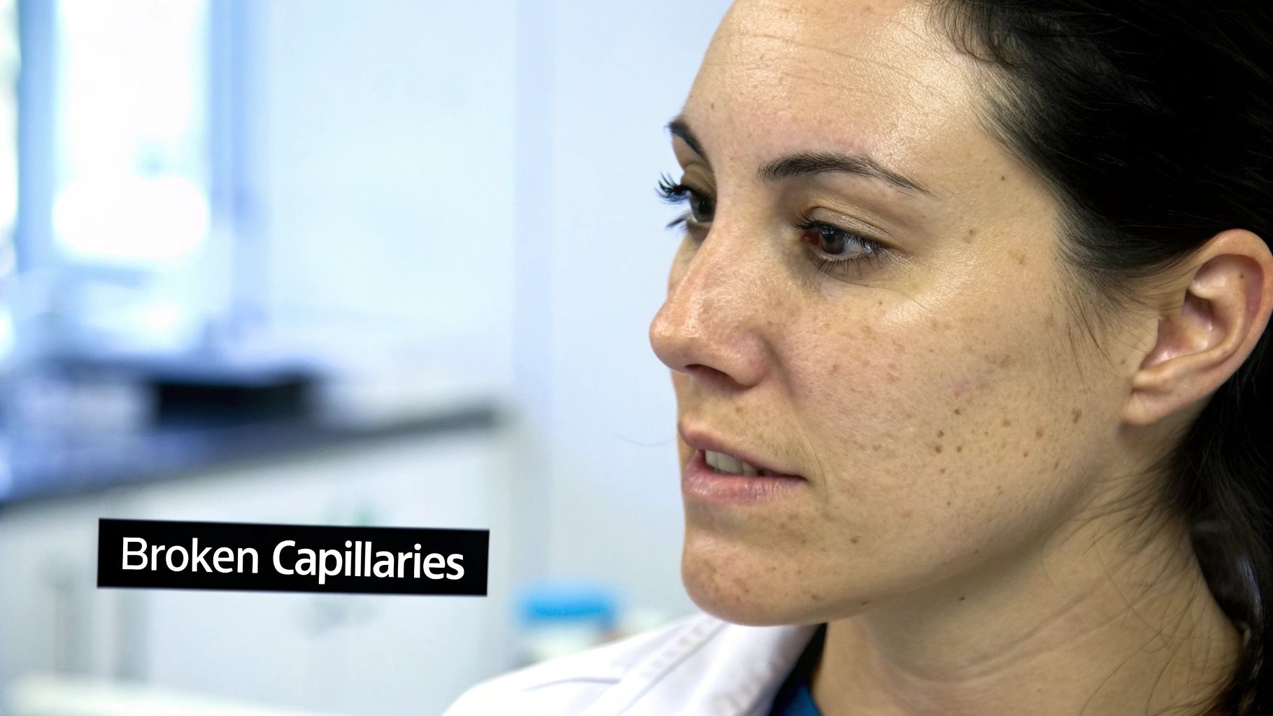 Close-up profile of a woman's face with freckles and visible skin concerns, text reads 'Broken Capillaries'.