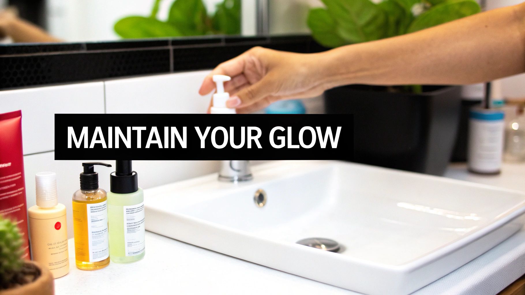 A person's hand reaches for a pump bottle of skincare product above a white sink, surrounded by other beauty products.