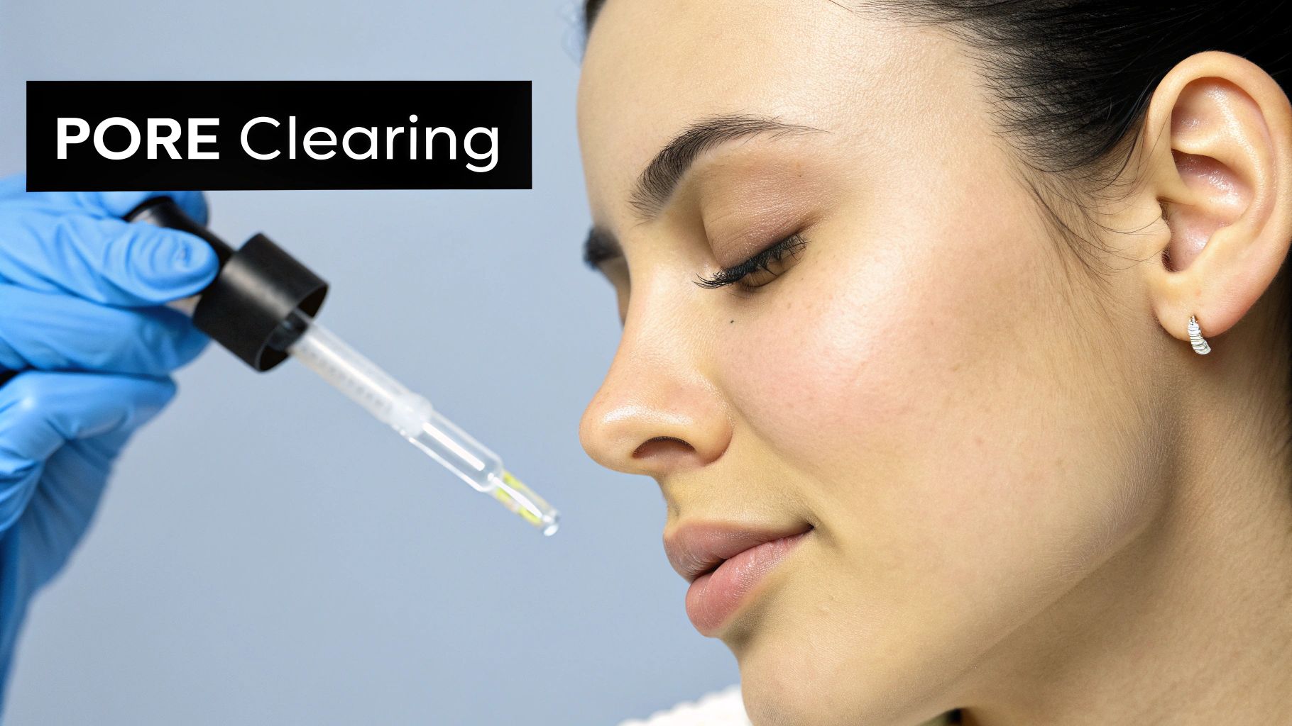 A gloved hand holds a dropper with a clear liquid near a woman's face for pore clearing.