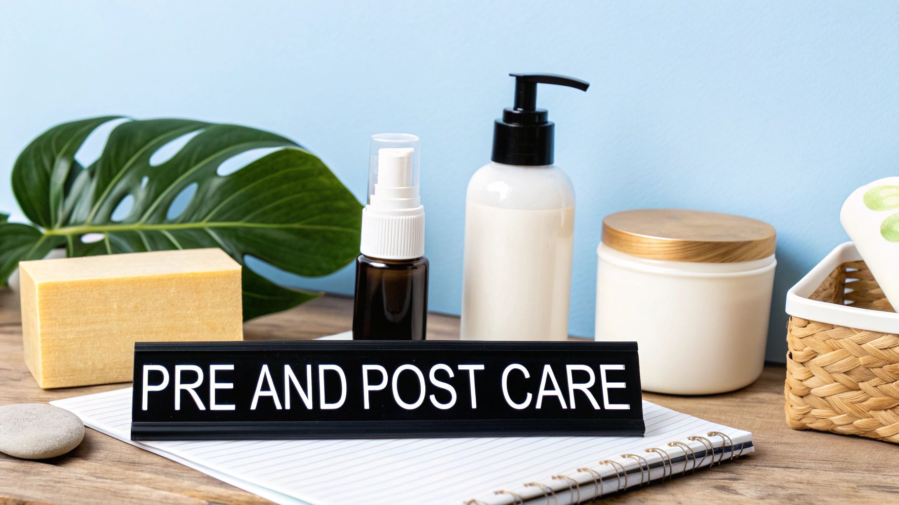 Natural skincare products including soap, lotion, and a 'PRE AND POST CARE' sign on a wooden table.
