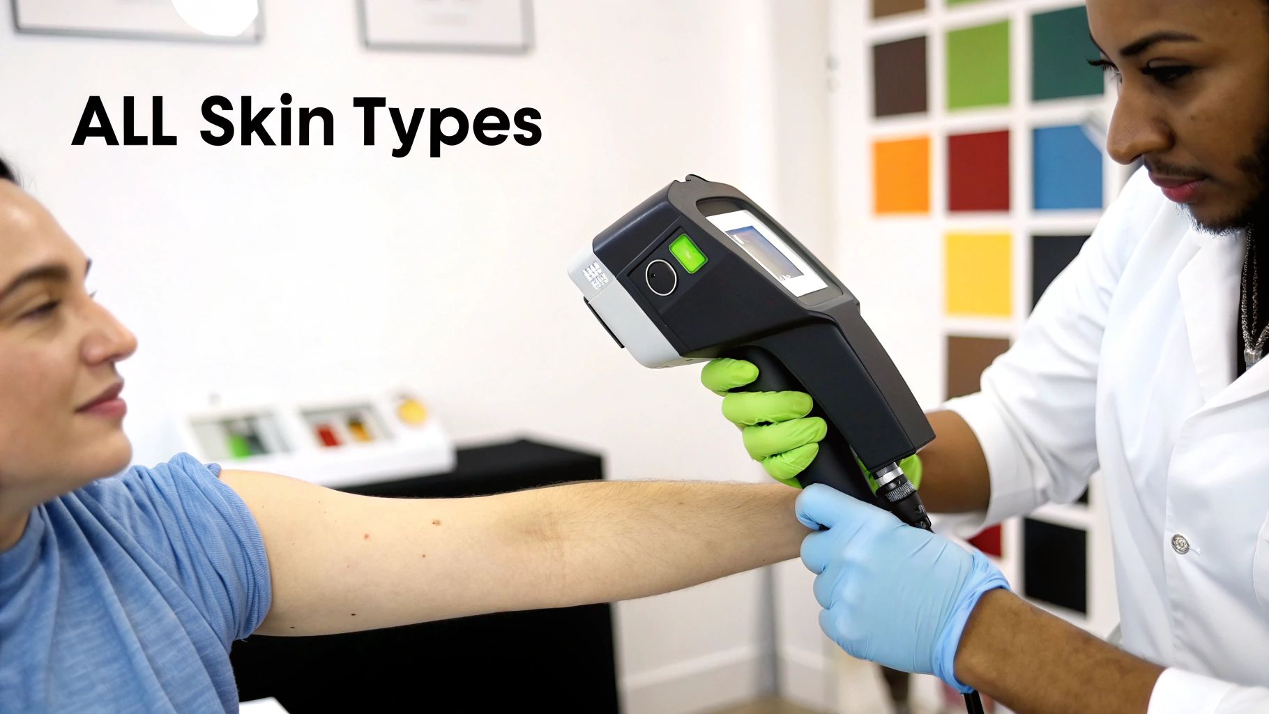 A technician using an advanced laser hair removal device on a client, with light glowing on the skin.