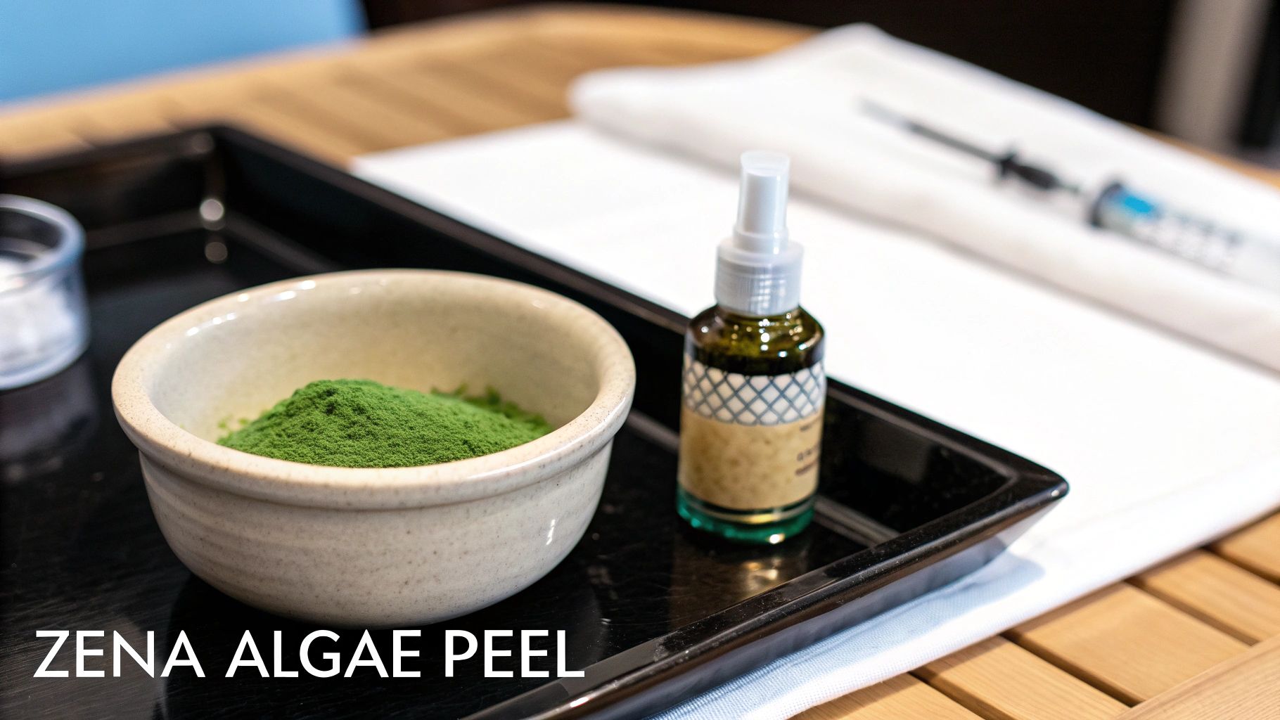 A Zena Algae Peel kit with green powder, a spray bottle, and a syringe on a black tray.