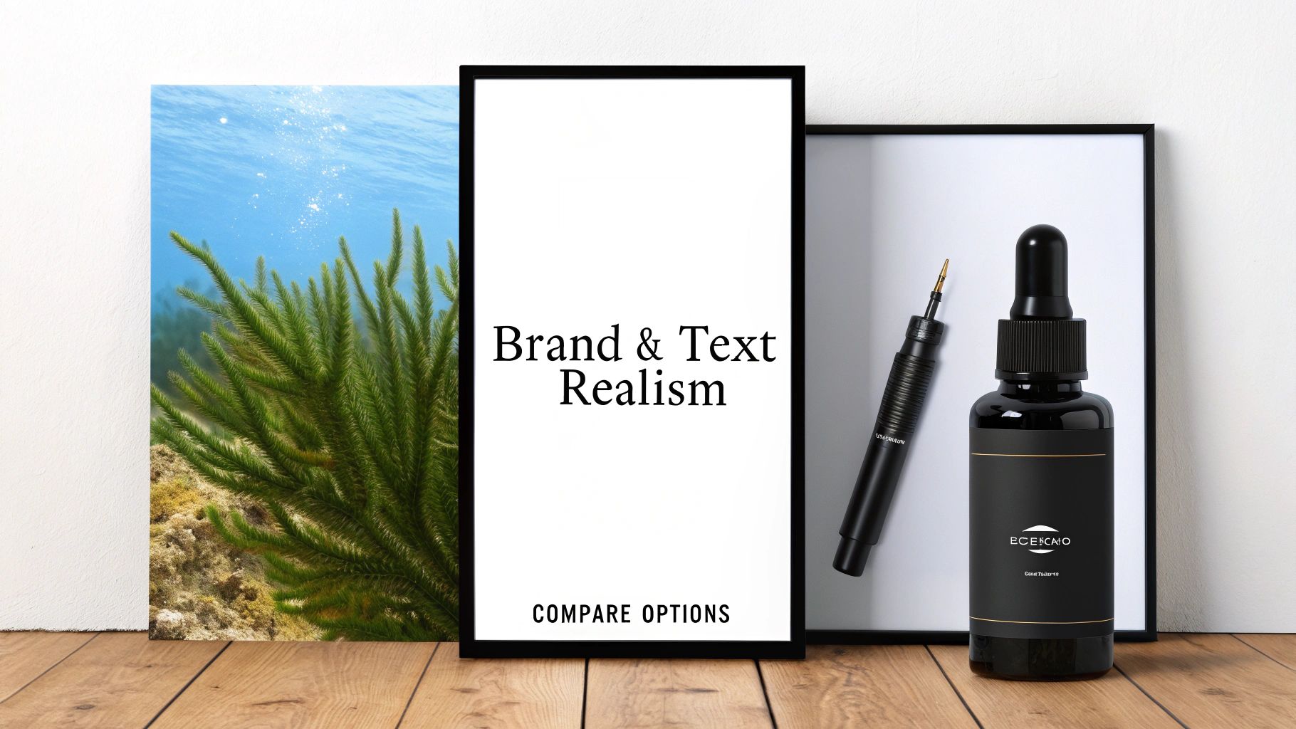 A framed underwater plant print, a text display with 'Brand &amp; Text Realism', and a black dropper bottle with a tattoo pen.