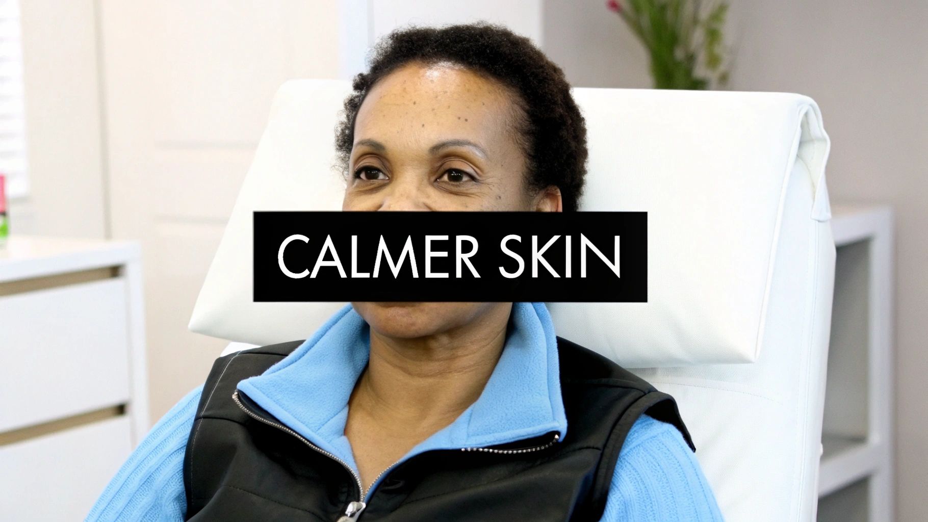 A woman in a clinic chair with text 'CALMER SKIN' across her face, suggesting skin treatment.