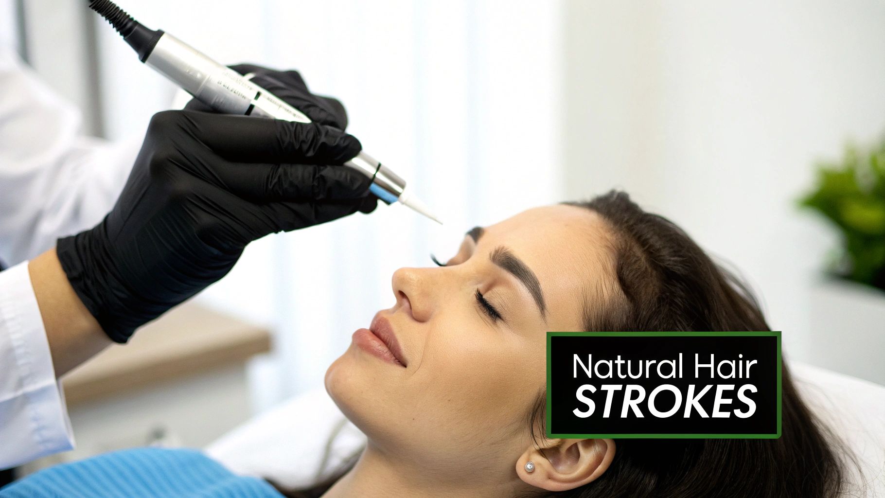 A gloved technician performs an eyebrow microblading procedure on a client, with &#39;Natural Hair Strokes&#39; text.