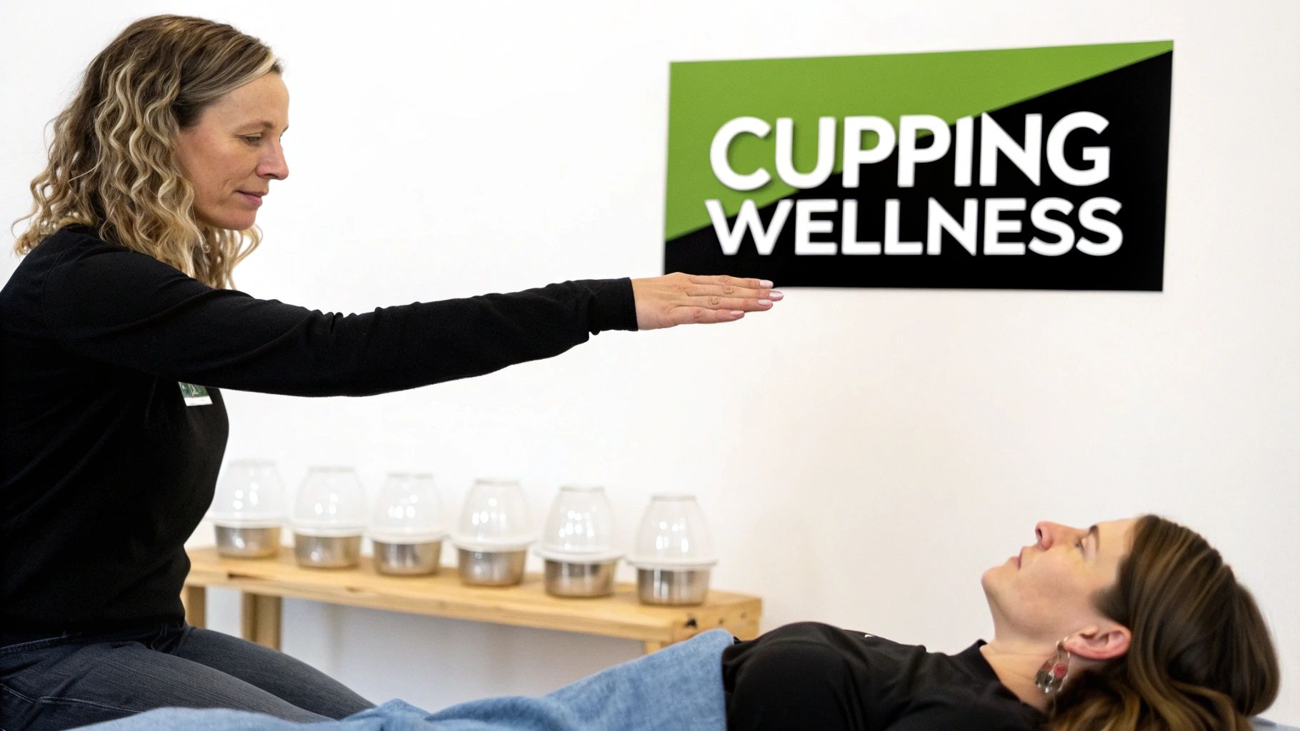 A therapist extends her hand over a client on a treatment bed at a Cupping Wellness clinic.