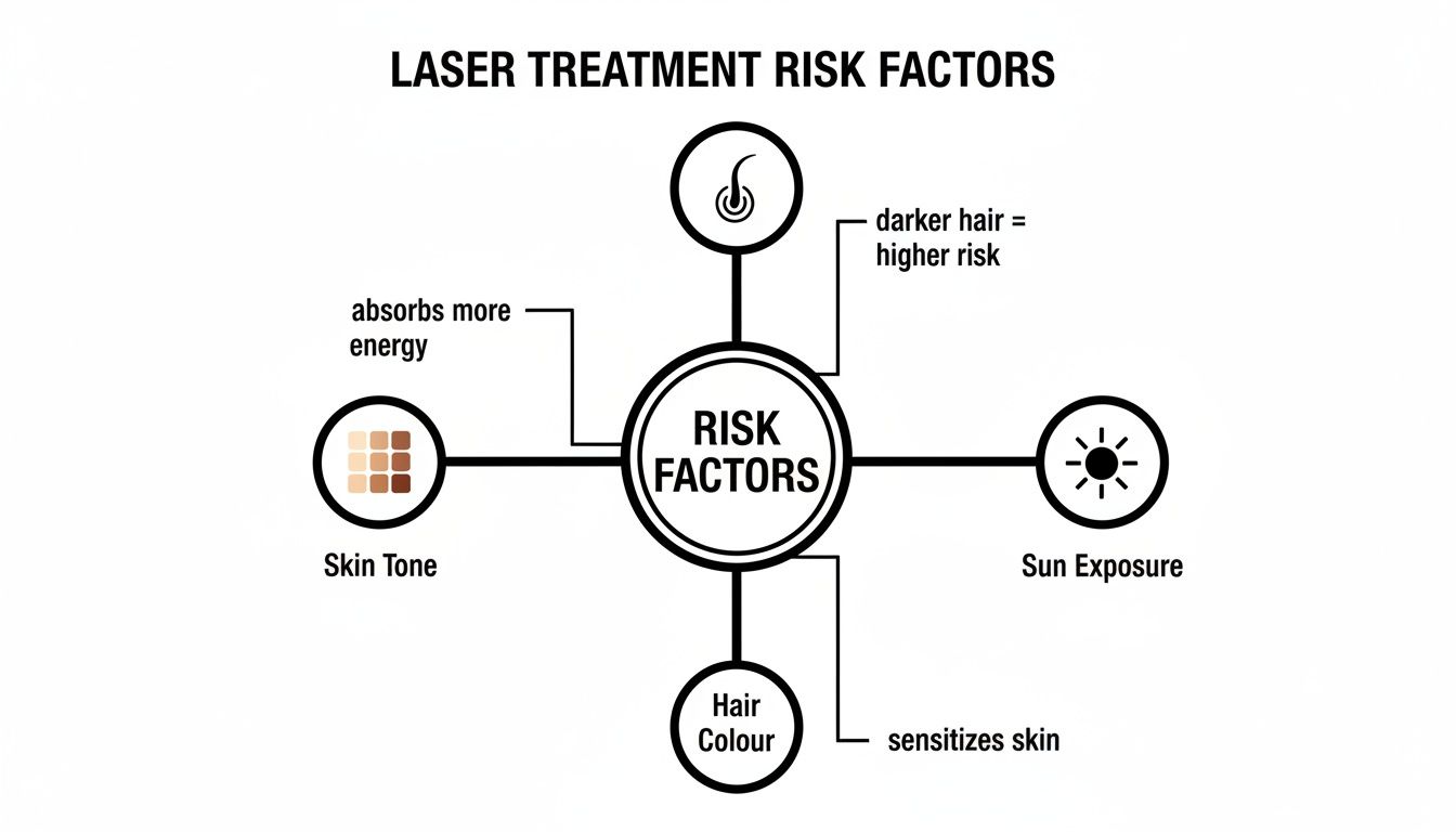 Diagram illustrating key risk factors for laser treatment, including skin tone, hair color, and sun exposure.
