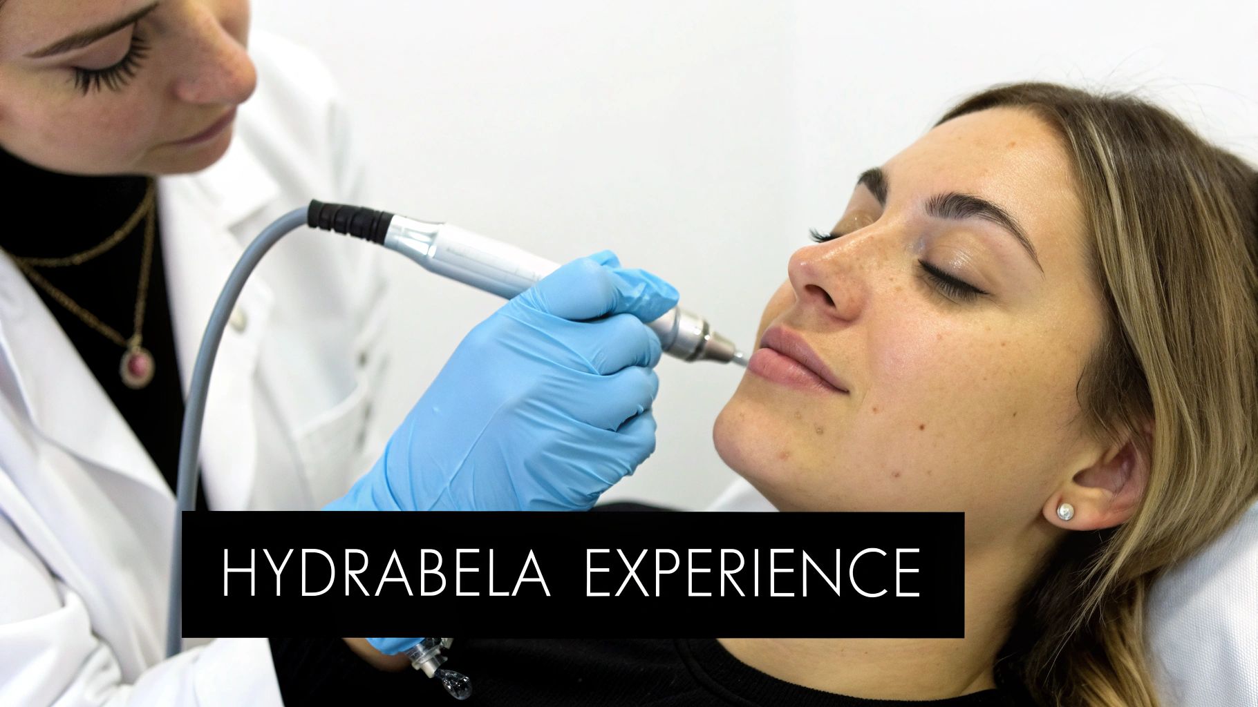A beautician in gloves performs a facial treatment on a client's lips and chin area.