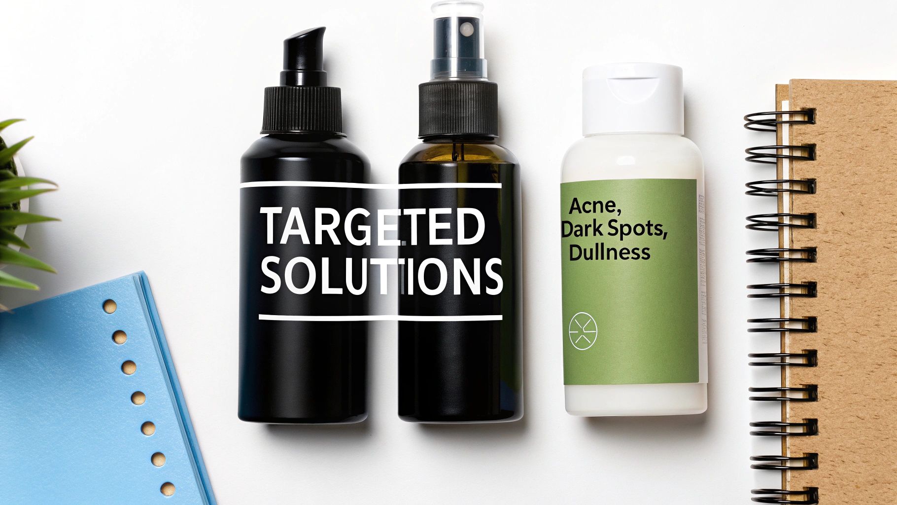 Three skincare bottles, two black with 'TARGETED SOLUTIONS' text, and one white with 'Acne, Dark Spots, Dullness' on a green label.