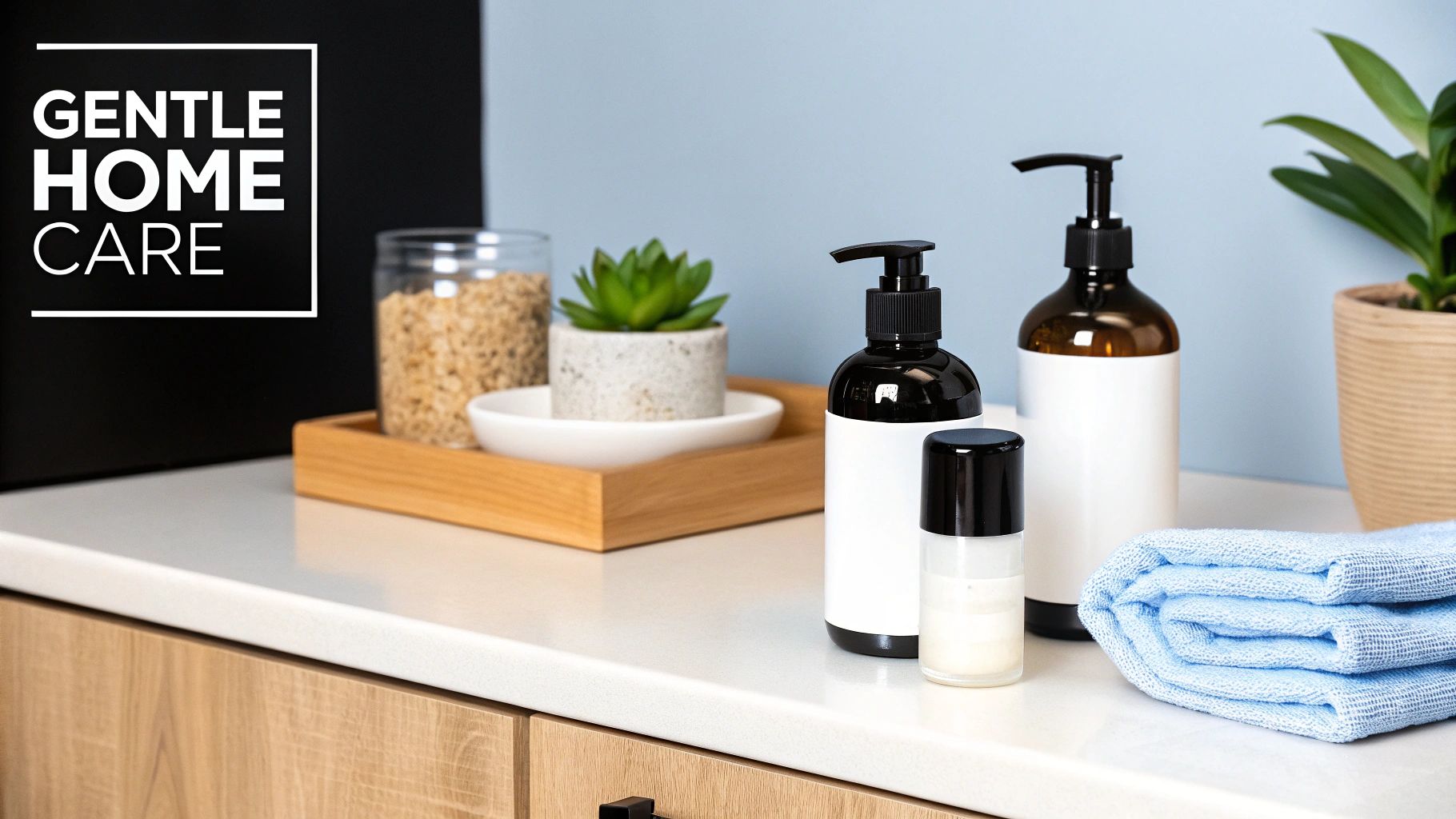A bathroom counter showcasing various gentle home care products, including bottles, a succulent, and a blue towel.