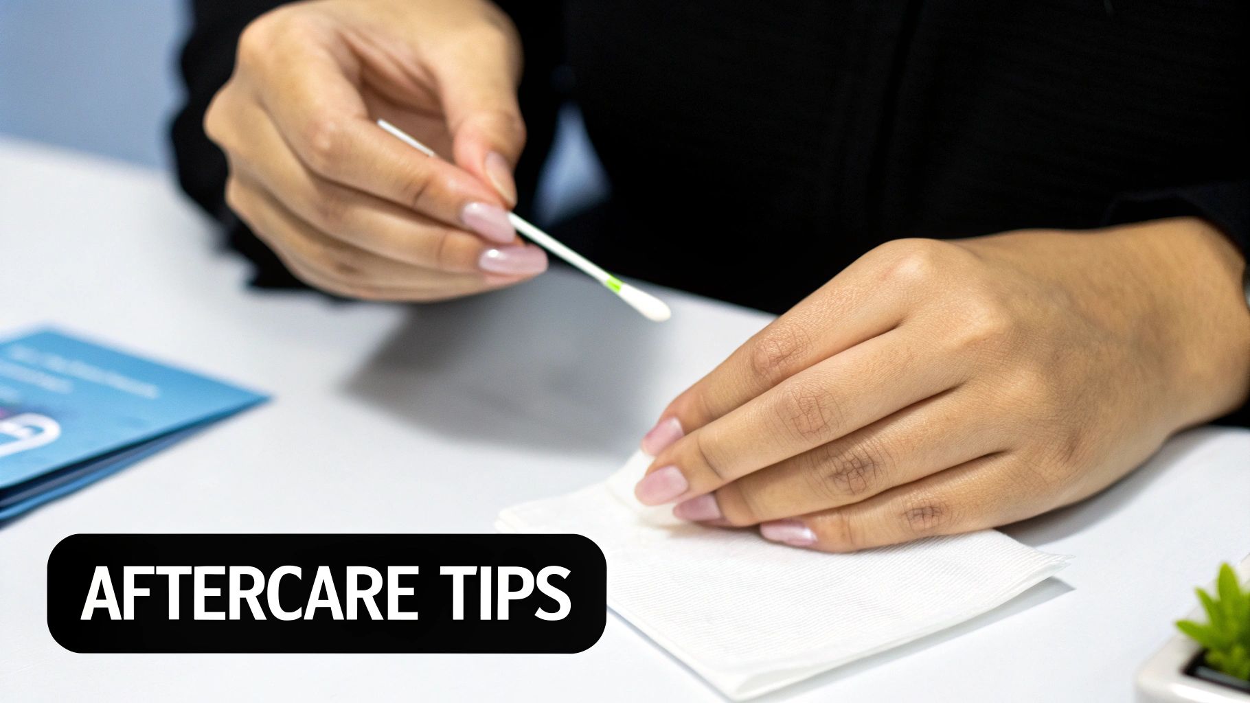 A person&#39;s hands hold a cotton swab over a white napkin, with &#39;AFTERCARE TIPS&#39; visible.