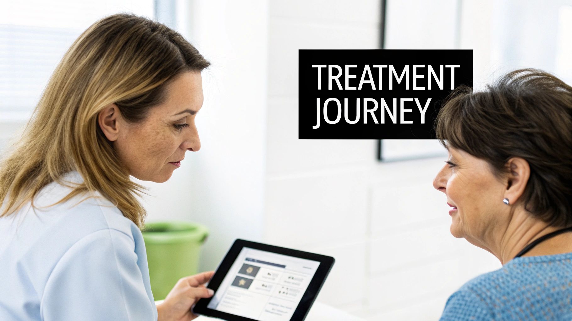 A healthcare professional reviews a digital treatment plan on a tablet with a smiling female patient, with 'TREATMENT JOURNEY' text.