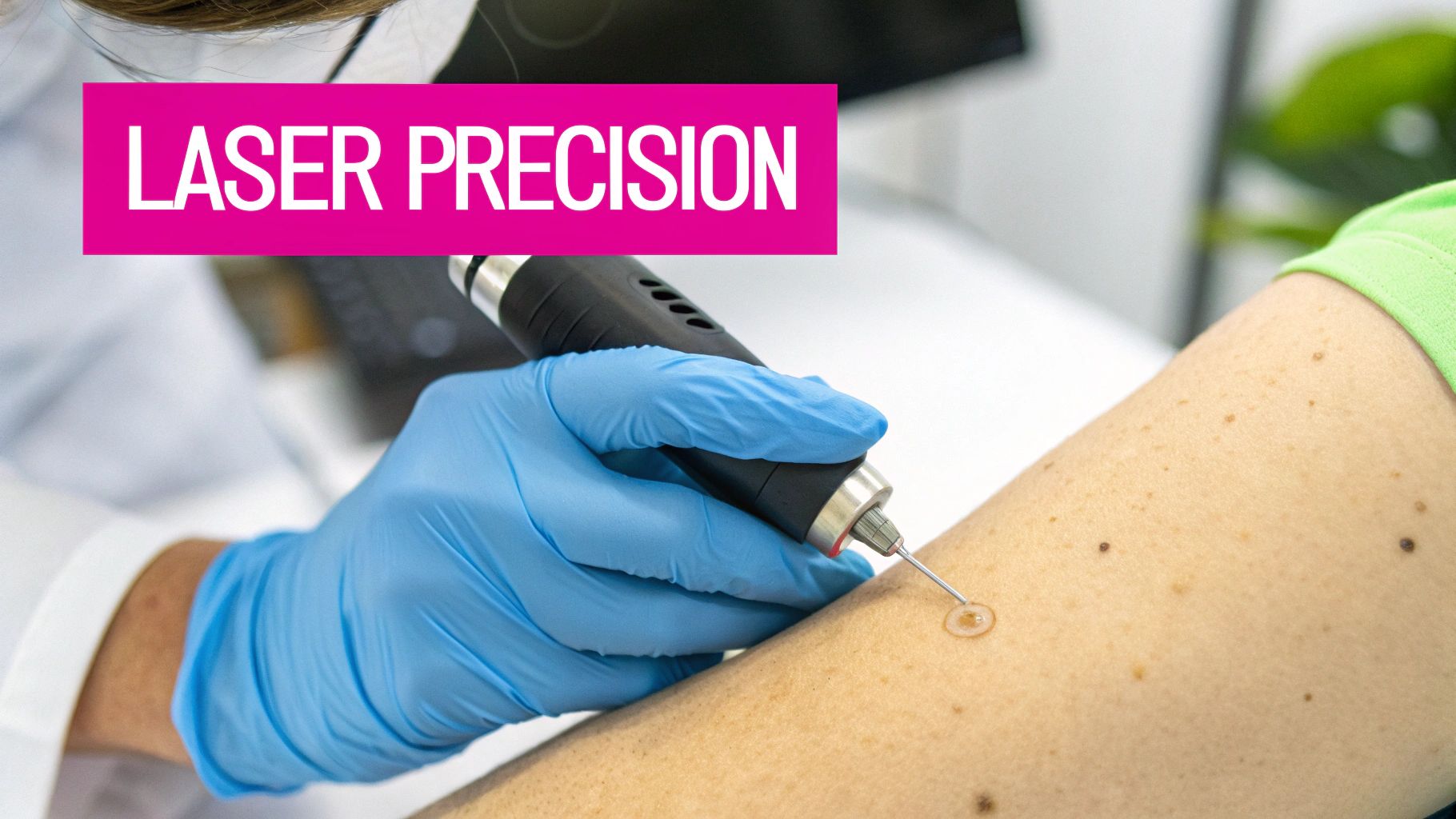 A close-up image showing a client's skin, symbolizing precision.