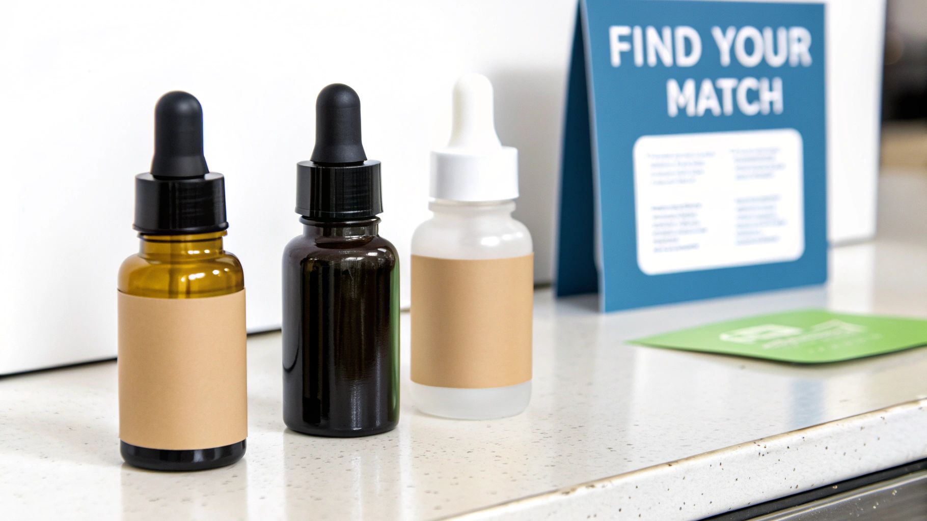 Three different colored dropper bottles with blank labels on a counter, with a 'FIND YOUR MATCH' sign.