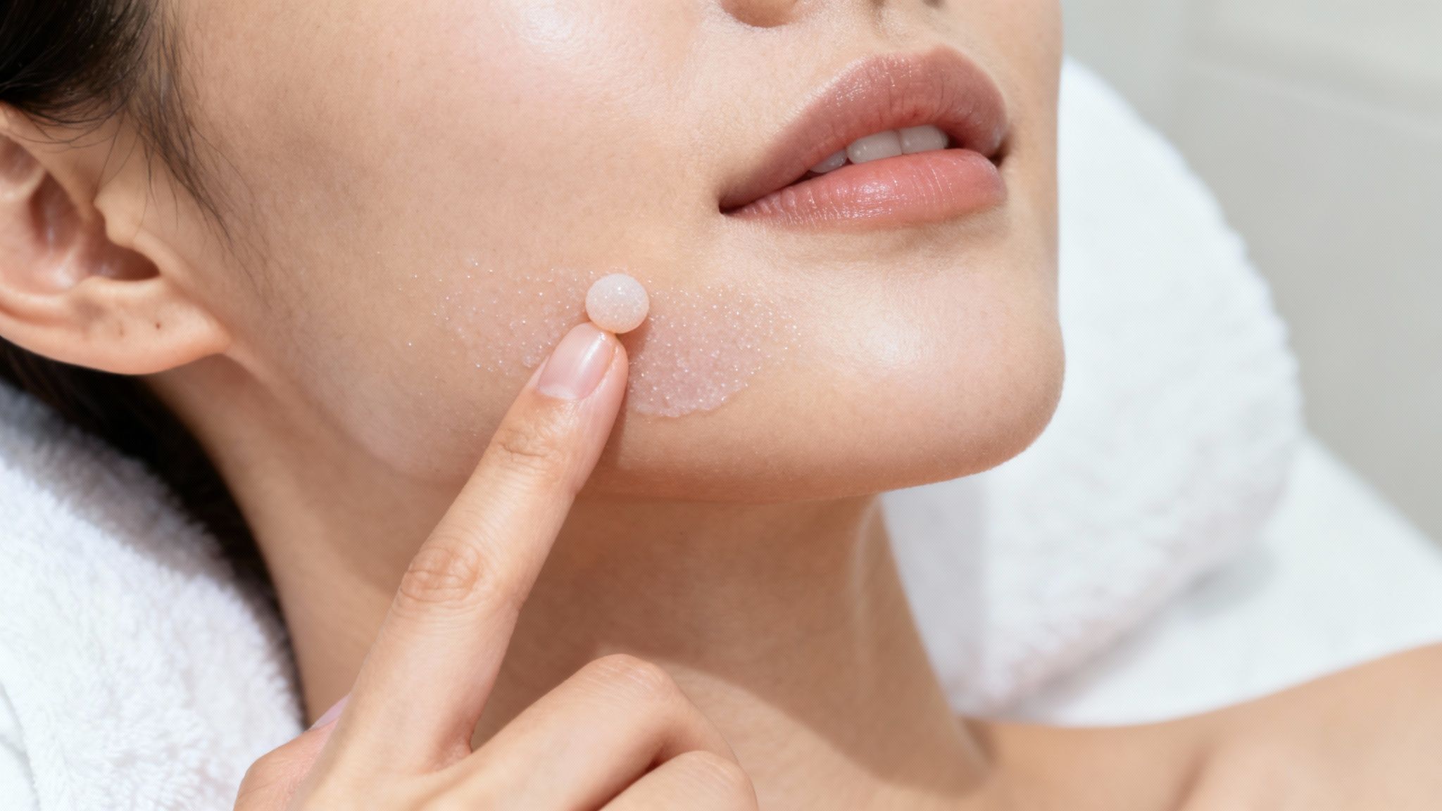 Woman applying gentle exfoliating treatment or facial scrub product to clean skin on chin