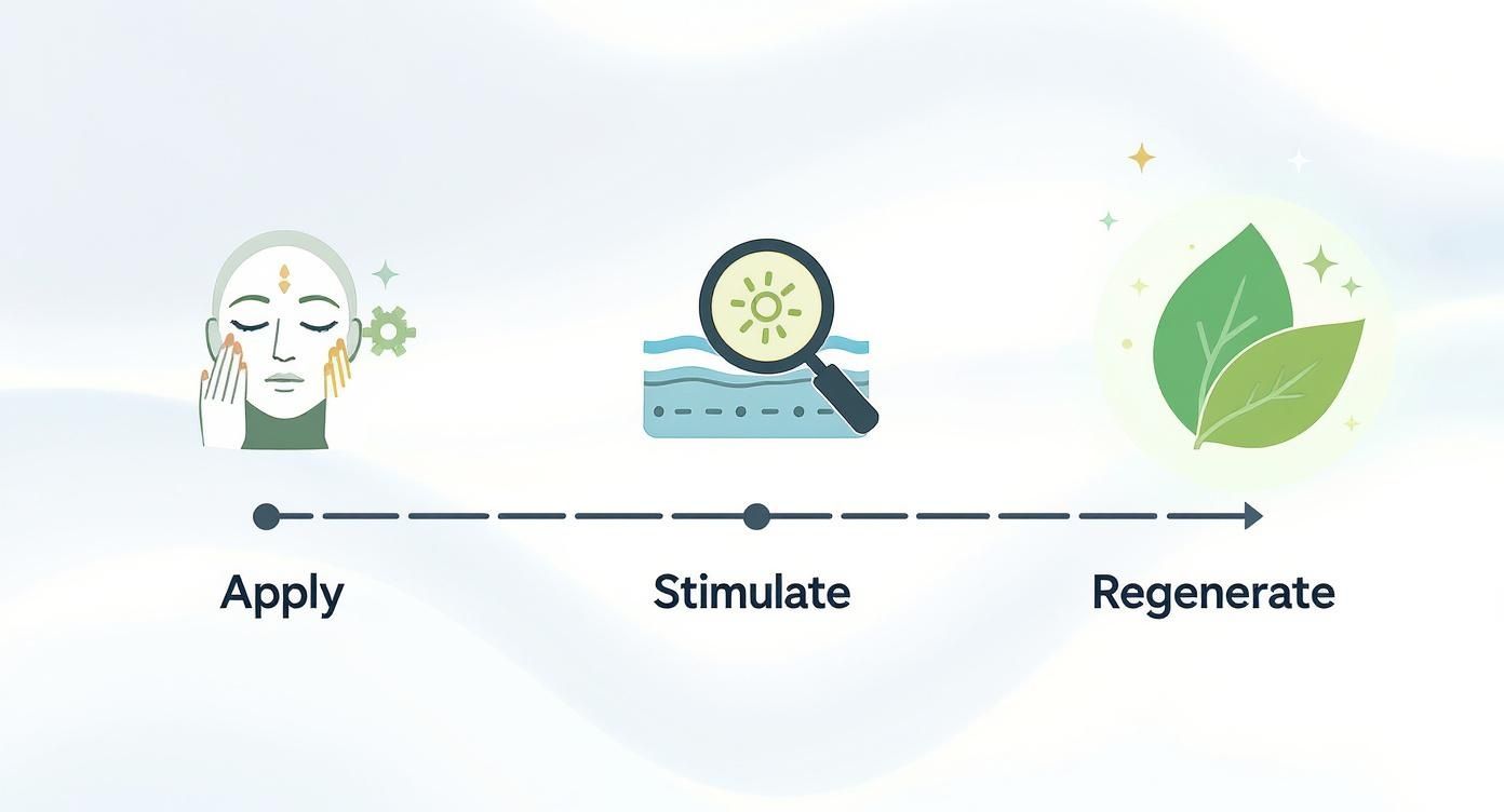 Illustration of a three-step skincare treatment: apply, stimulate, and regenerate for healthy skin.