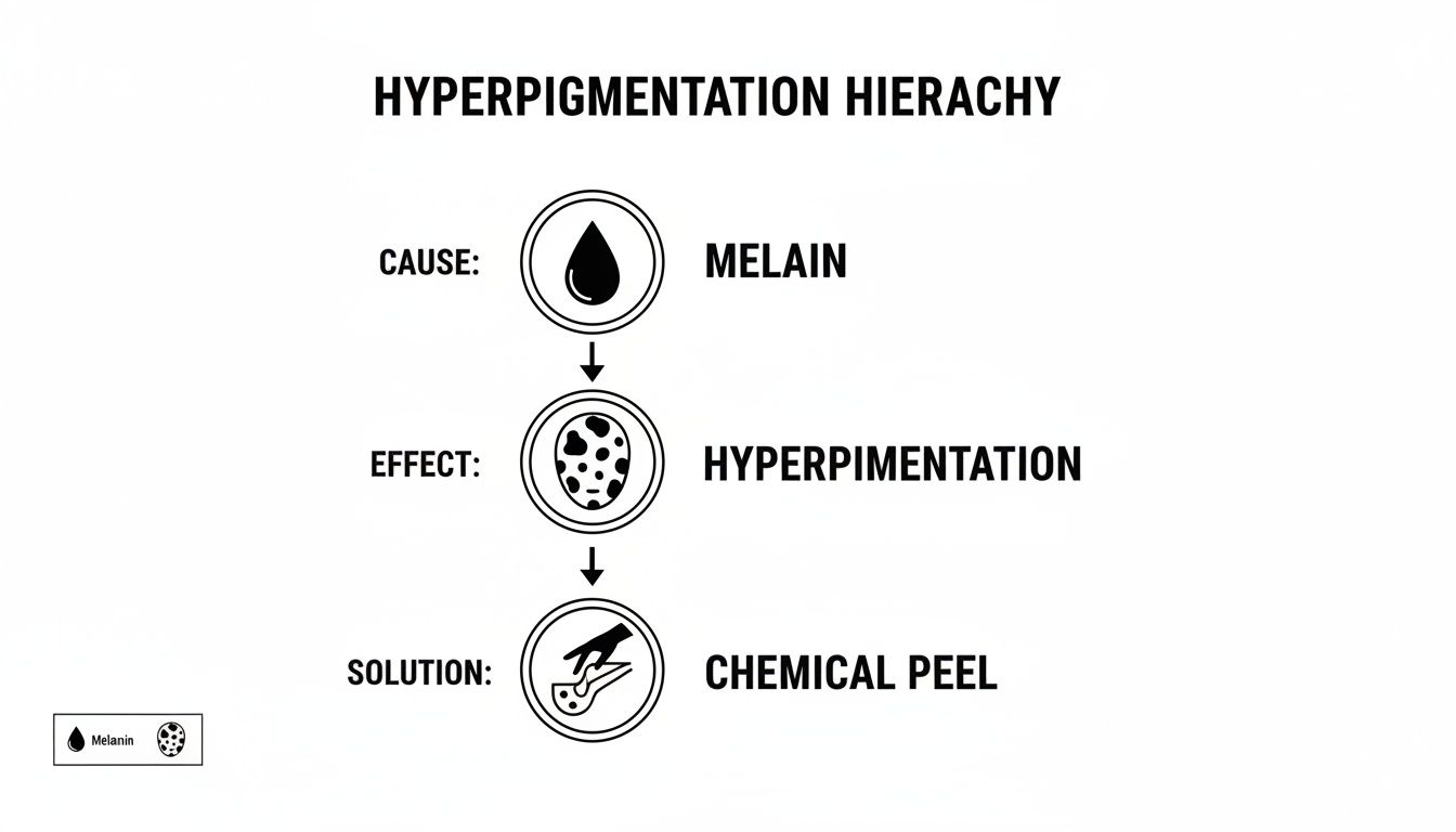 A diagram illustrating the hyperpigmentation hierarchy, showing melanin as the cause, hyperpigmentation as the effect, and chemical peel as the solution.