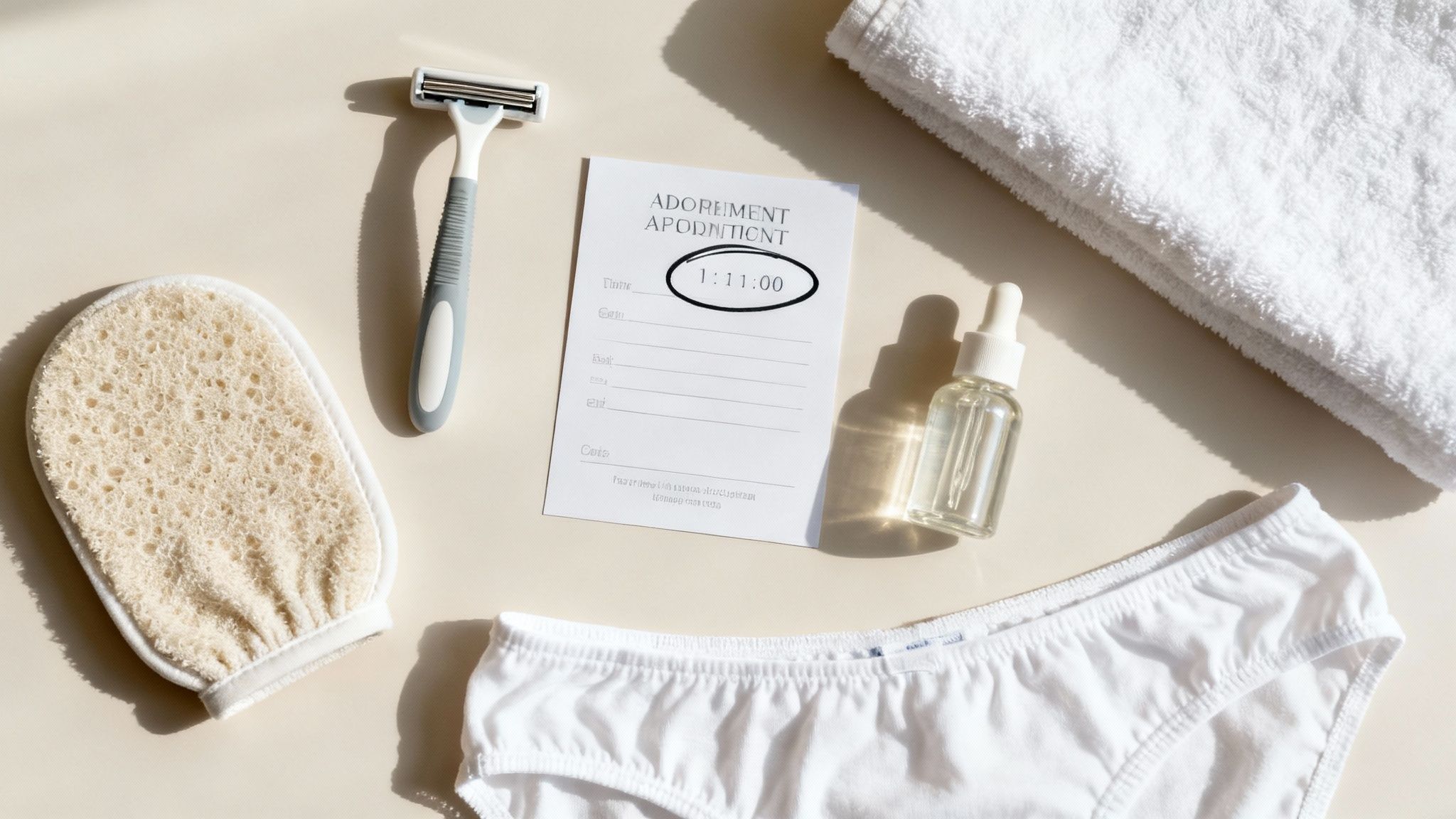 A person's legs with a towel and skincare products nearby, symbolizing preparation for hair removal.