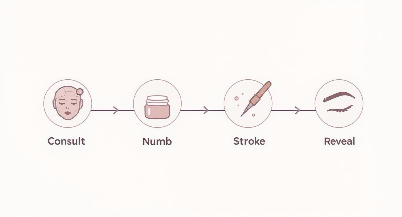 Four-step microblading procedure diagram showing consultation, numbing cream application, stroking technique, and final eyebrow reveal